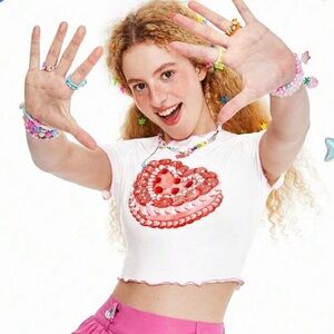 NEW Cherry Heart Cake Graphic Print Crop White Lettuce Hem Sleeve Top Size L